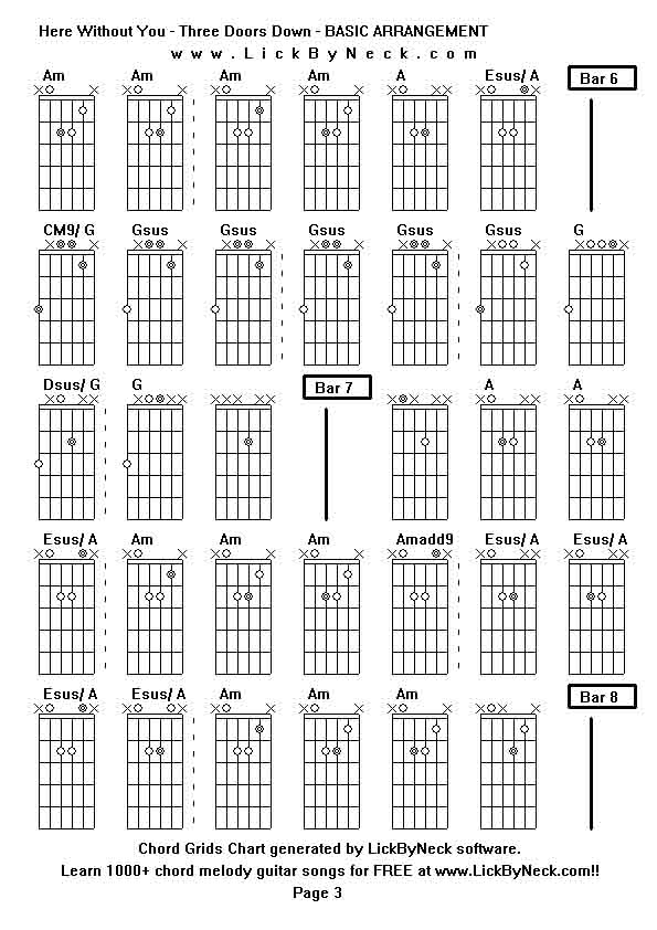 Chord Grids Chart of chord melody fingerstyle guitar song-Here Without You - Three Doors Down - BASIC ARRANGEMENT,generated by LickByNeck software.